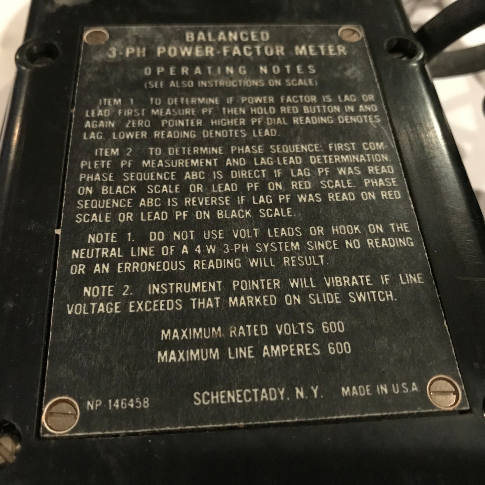 Vintage General Electric Balanced 3 Phase Power Factor Meter Amprobe 600 Volt