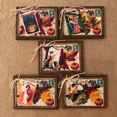 5 HANDCRAFTED Wooden Halloween Ornaments/Hang Tags/Bowl Fillers SETm