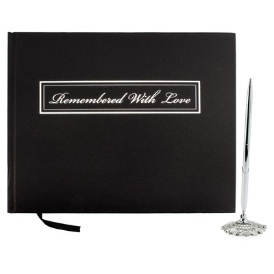 Cornucopia Funeral Guest Book and Pen with Stand Set, ''Remembered with Love''
