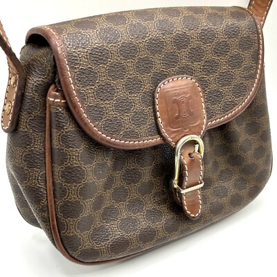 CELINE Vintage Macadam shoulder bag Triomphe Crossbody PVC leather Brown Auth
