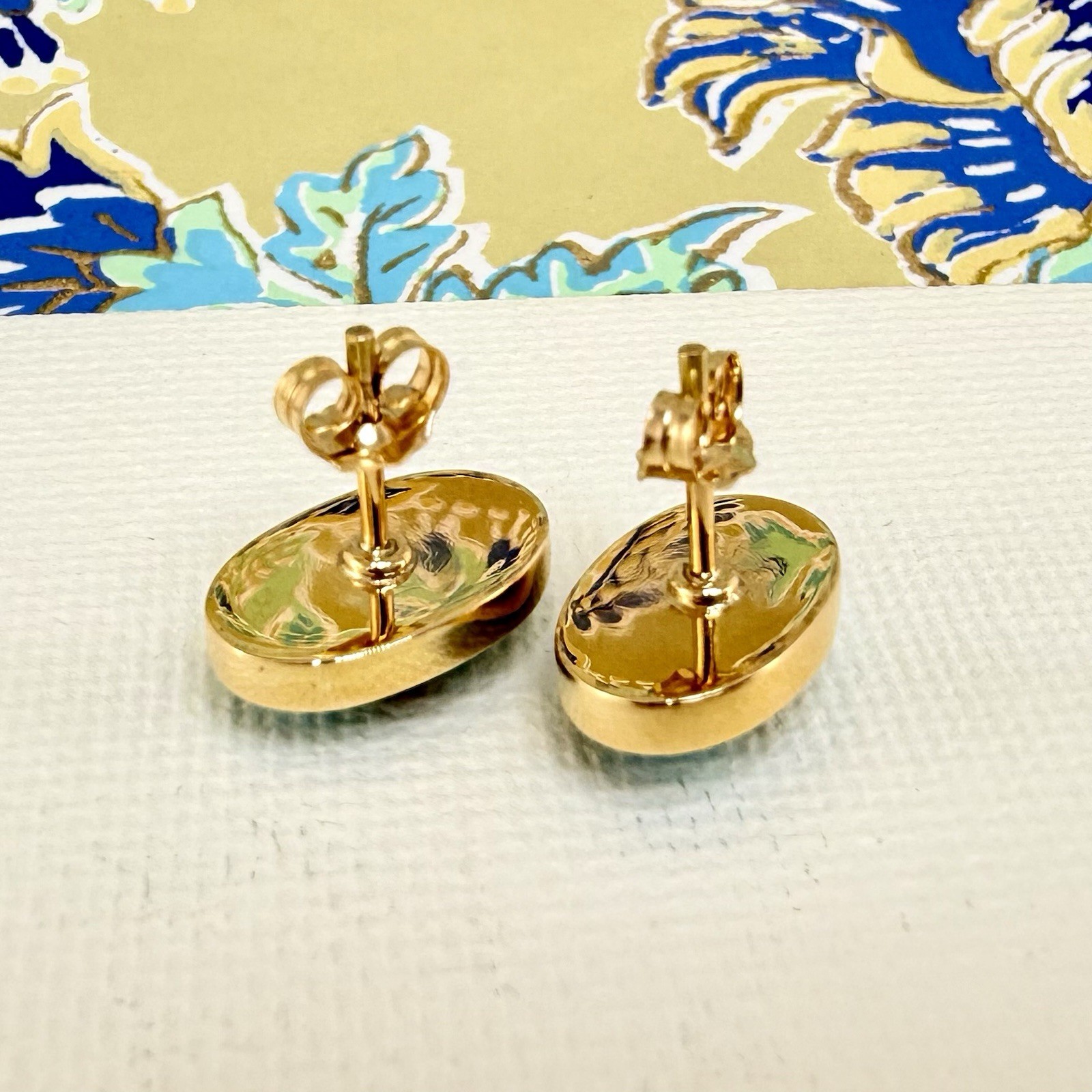 14k Yellow Gold Egyptian Turquoise Custom Made Stud Earrings, New Pair #1 - Picture 7 of 8