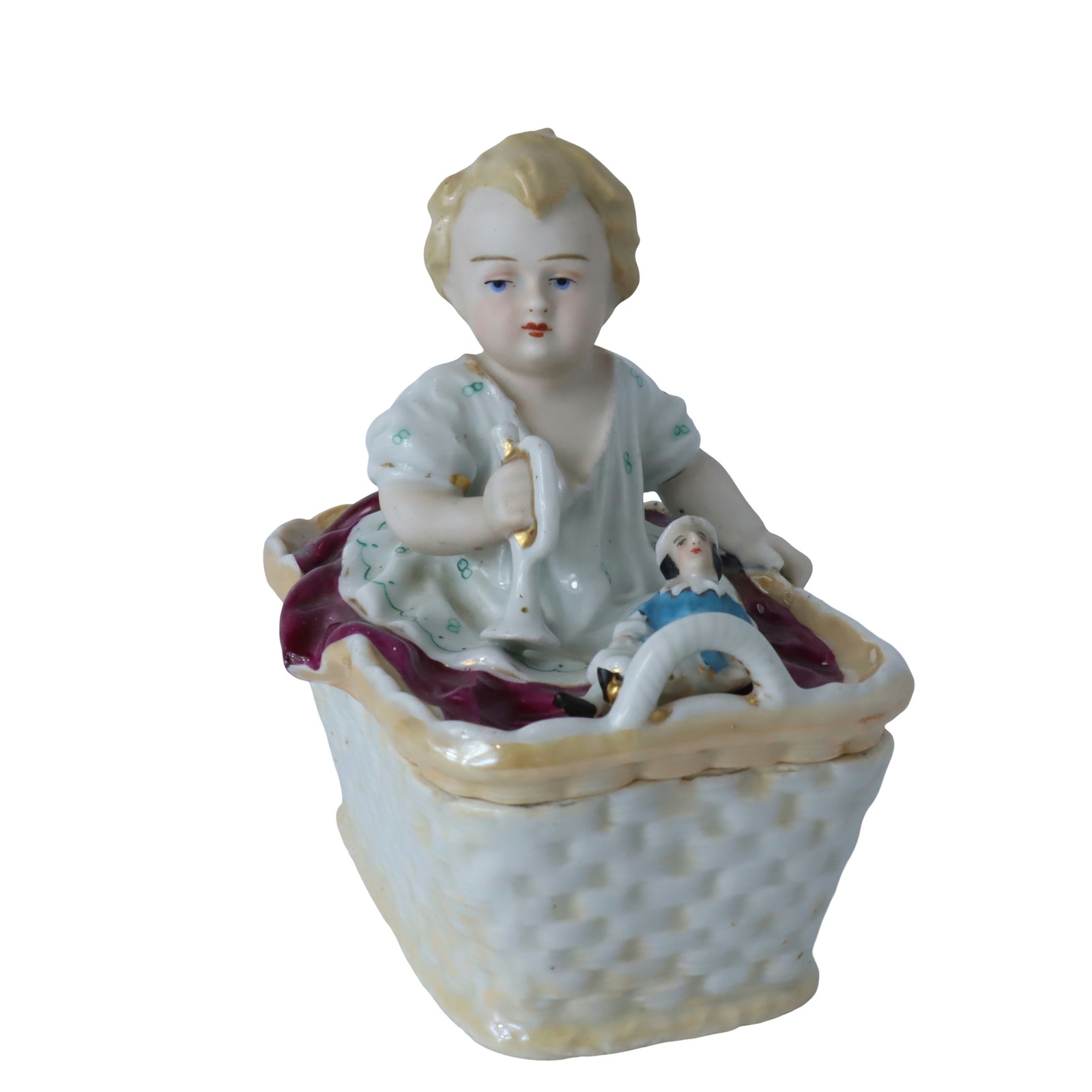 Antique Fairing Porcelain Trinket Box Hand Painted Baby In Basket 1880s Germany