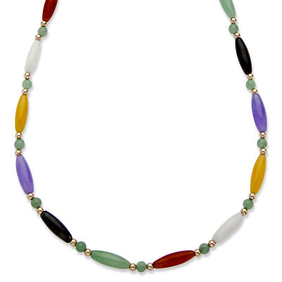 Pre-owned Palmbeach Jewelry Multicolor Genuine Jade 14k Gold Beaded And Barrel Shapes Link Necklace 18" In Green