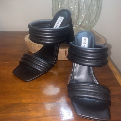 Steve Madden Womens Tahani Black Slide Sandals Shoes 9 Medium (B,M) Block Heel