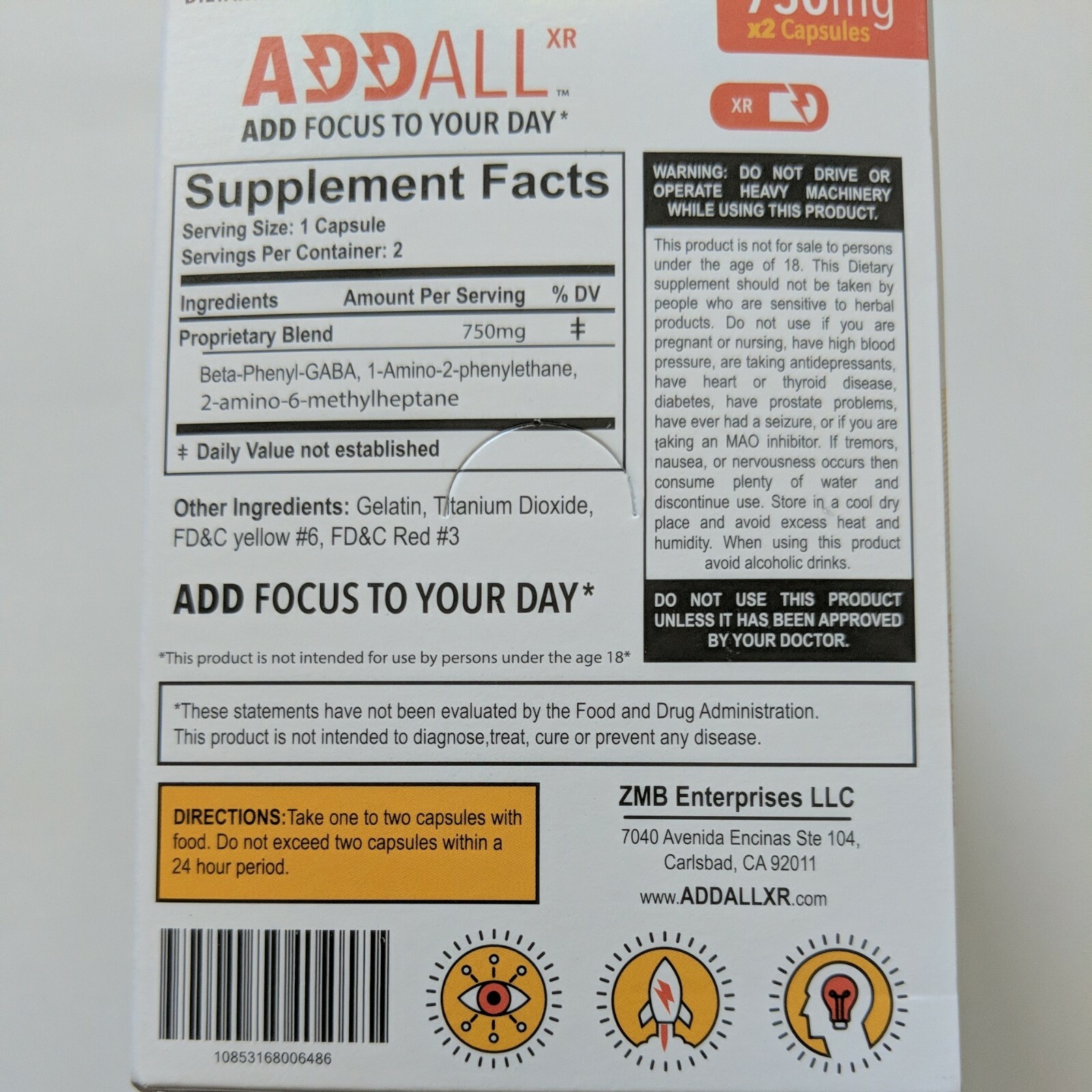 AddAll XR 750mg, Energy Focus Concentration, 12 Packs - 24 Capsules - FREE SHIP 1