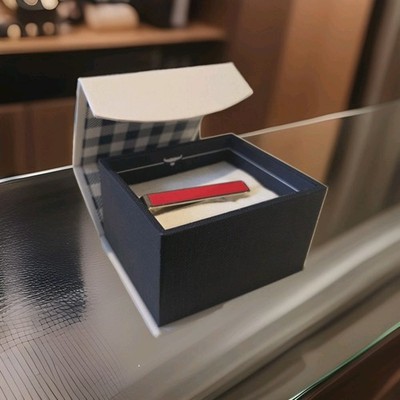Ox & Bull Tie Clip Red Enamel Silver Tone “Be Merry” Engraved With Box