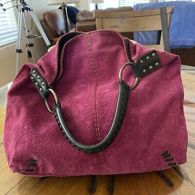 Vintage Lucky Brand Floral Pink Fuchsia Suede Leather Studded Tote Handbag Purse