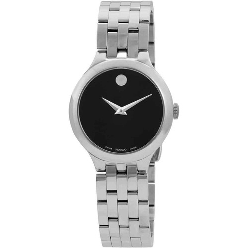 Pre-owned Movado Women's Watch Veturi Quartz Black Dial Silver Steel Bracelet 0607418