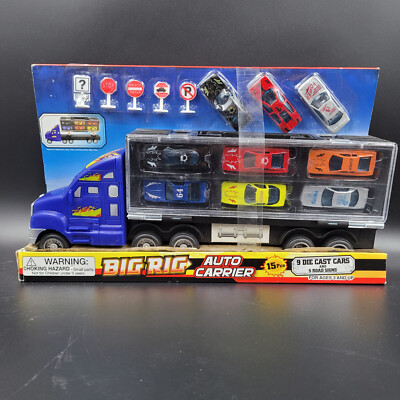 NOS Polyfect Big Rig Auto Carrier w/ 9 Die Cast Cars & 5 Road Signs