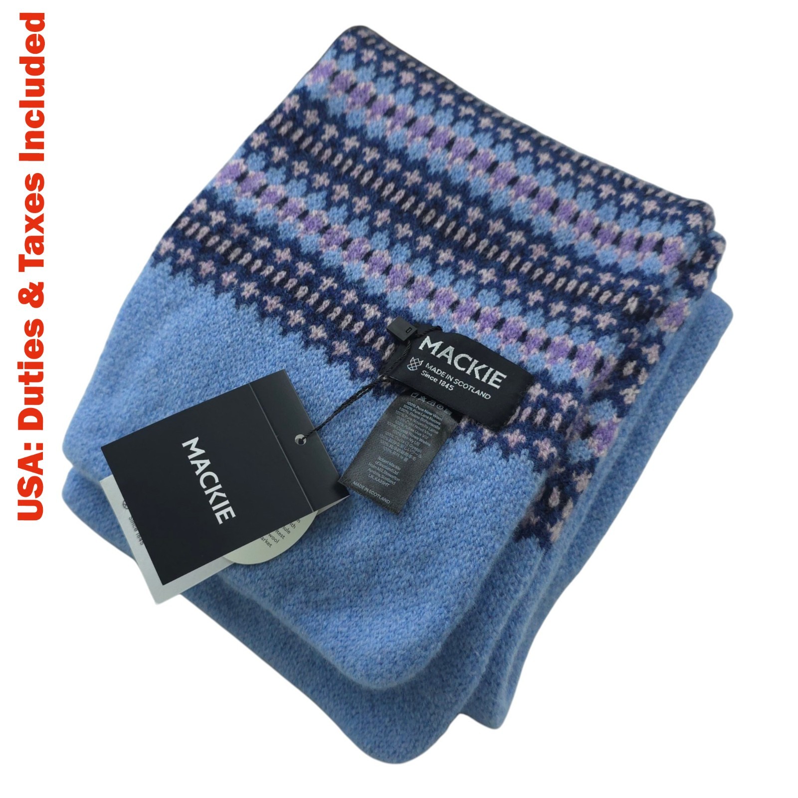 Robert Mackie of Scotland 100% Pure New Wool Fairisle Pattern Knit Scarf Blue