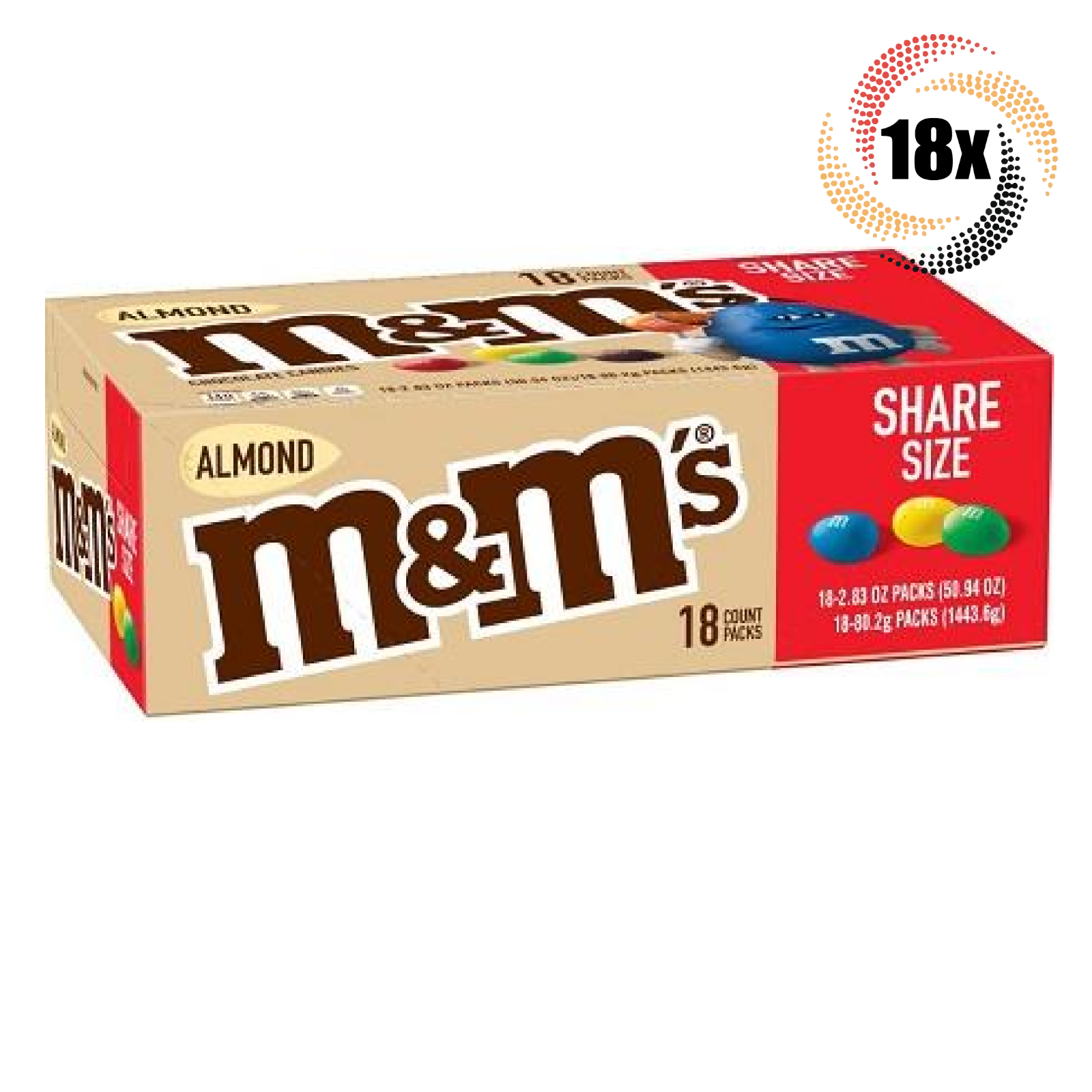 Full Box 18x Packs M&M's Almond Flavored King Size Chocolate Candy