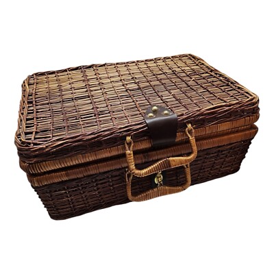 Basket Rattan Woven Wicker 16x10x6 Hinge Flip Lid Latch Handles Suitcase Vintage