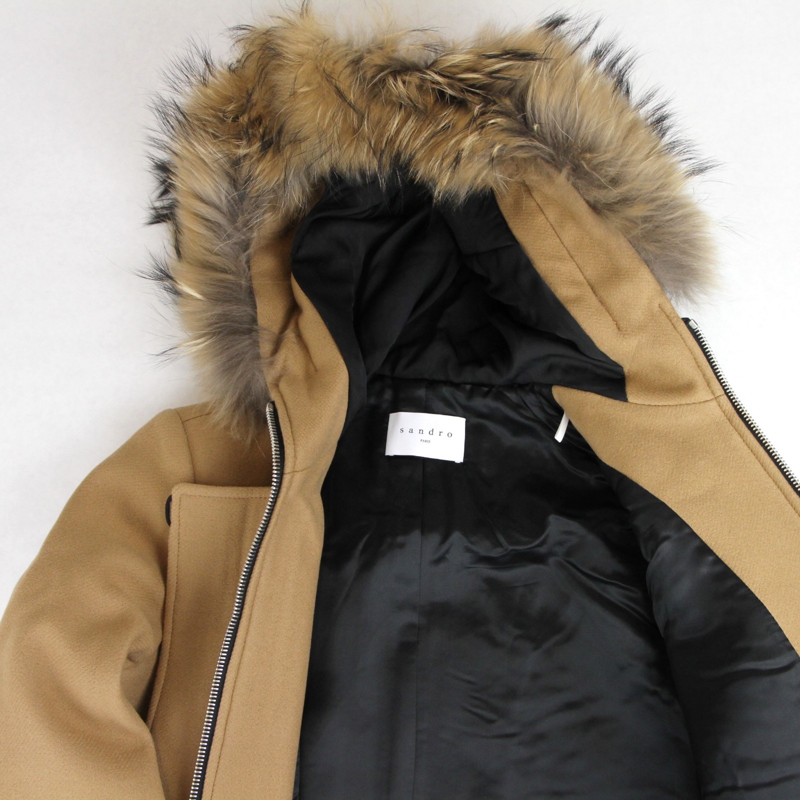 Pre-owned Sandro $905  Women's Kurt Camel Wool Coat With Fur Trim Hood 4 Buttons H17 In Beige