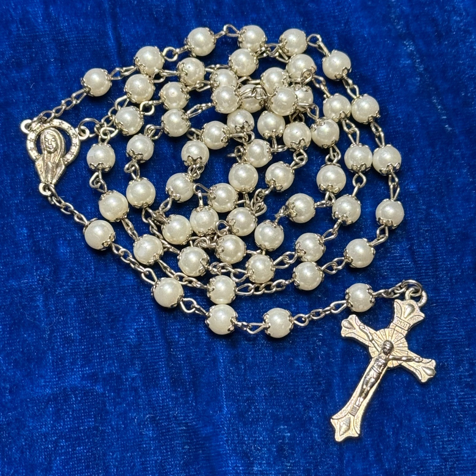 Filigree Capped White Glass Pearl Catholic Rosary 20 Inch Blessed Virgin Mary