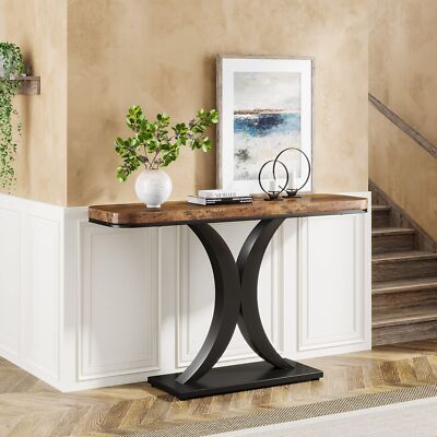 Rustic Brown Wood & Metal Hallway Entryway Table, Narrow Sofa Console Table