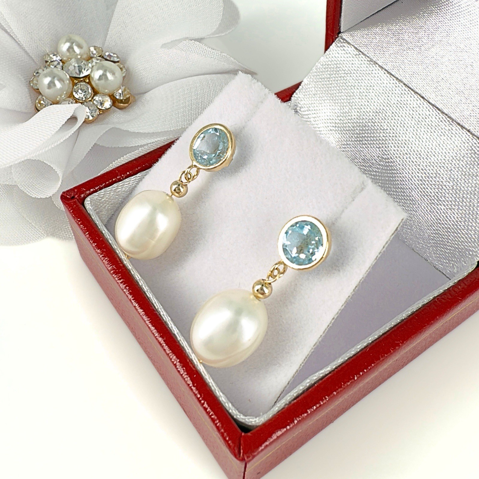 14k Yellow Gold Sky Blue Topaz & Genuine Cultured Pearl Dangle/Drop Earrings - Picture 5 of 8