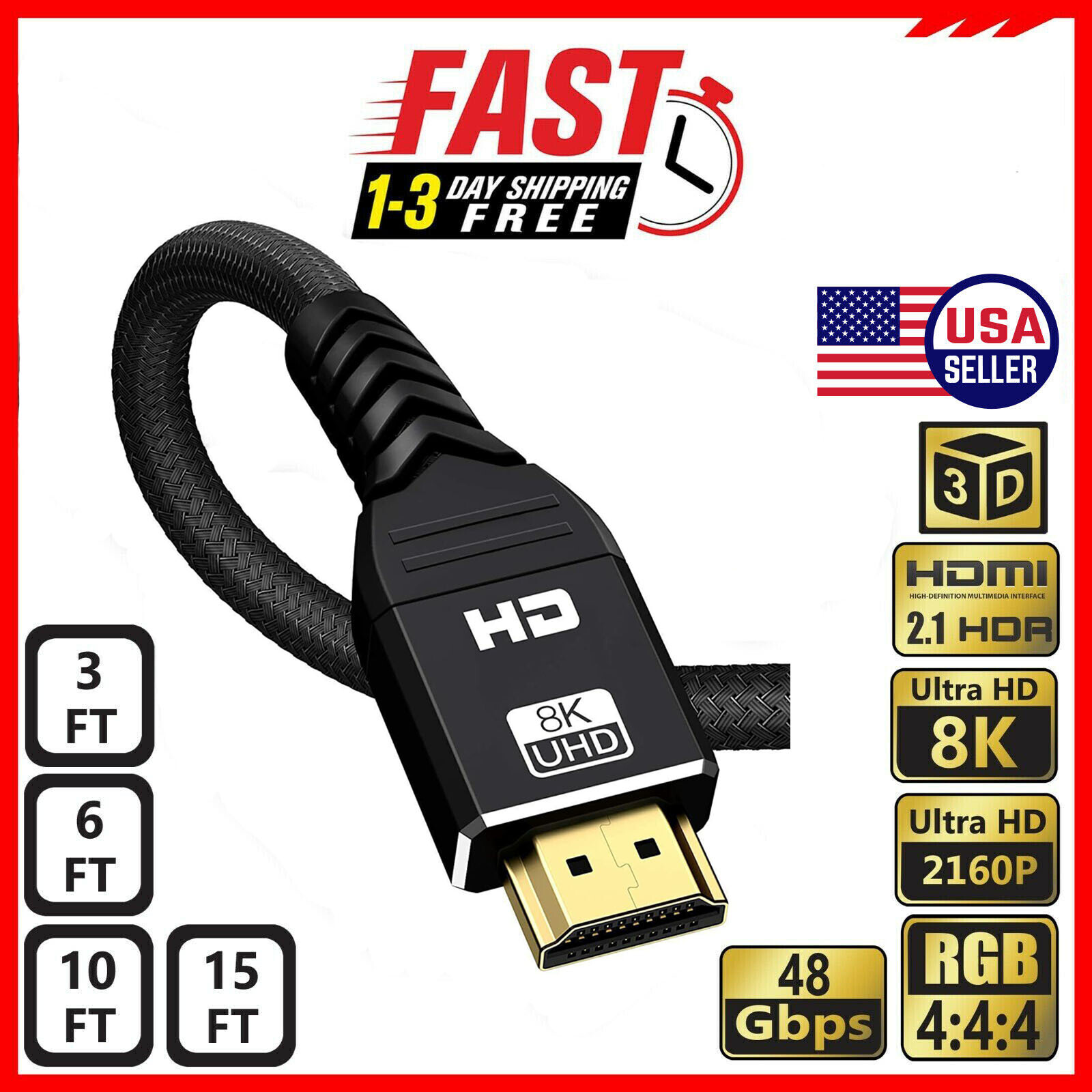 3D 8K HDMI 2.1 UHD Cable HDTV 2160P HDR 120Hz 48Gbps Dolby HDCP 2.2 RGB 4:4:4