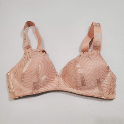 bebe Women Bra 34B Pink Lace Wireless Adjustable Straps Bralette Lightly Lined