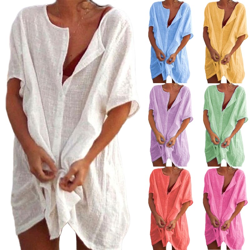 Damen Kleid Sommer Strandkleid Freizeit Kurzarm Longshirt Tunika Bluse Tops