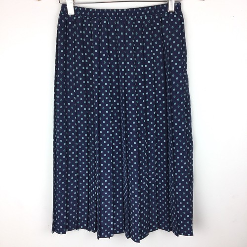 Vintage Leslie Fay Pleated Skirt Petites SMALL Blue Square Geo...