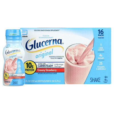 16 Ct Glucerna Original Diabetic Protein Shake, Creamy Strawberry, 8 oz Bottle