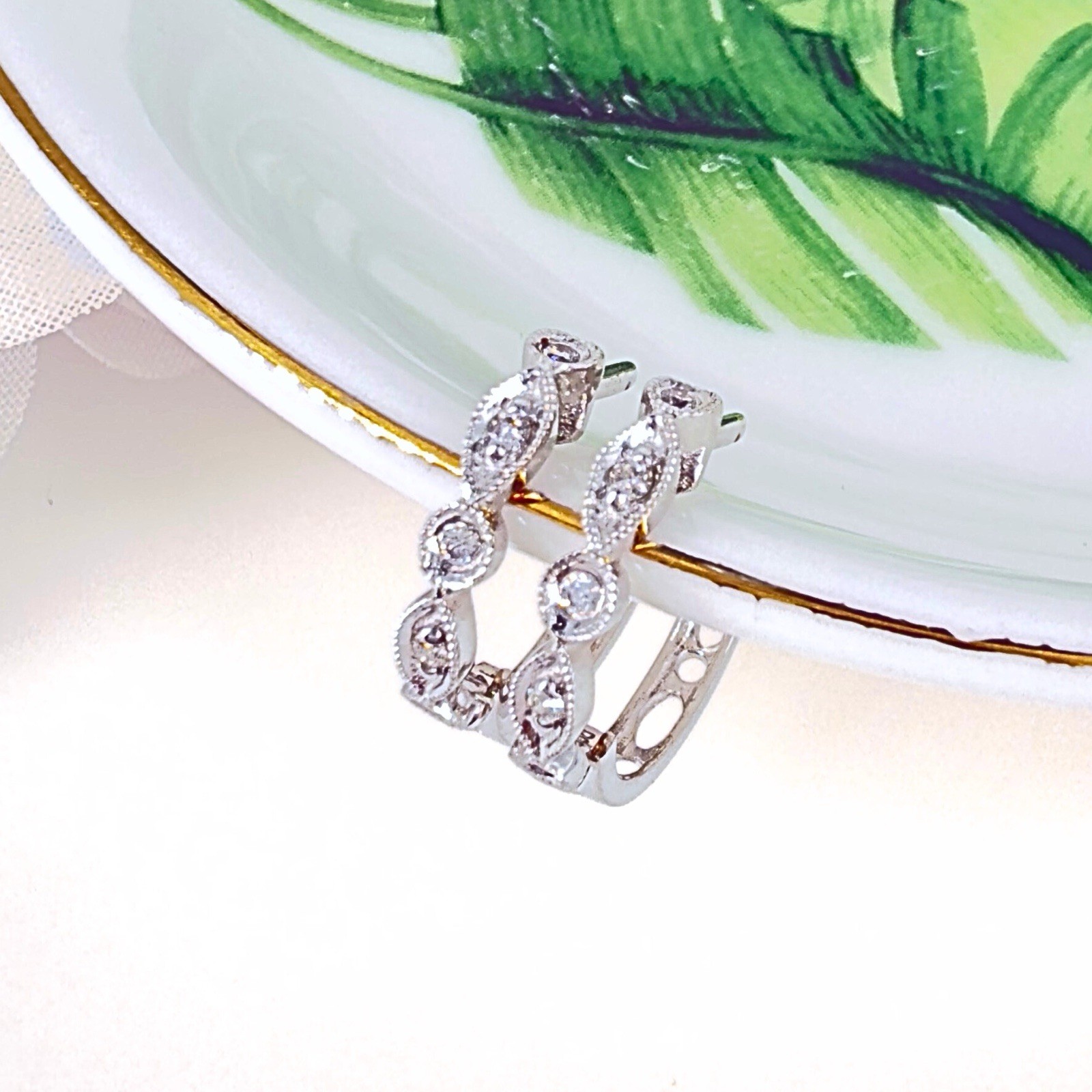 14k White Gold Genuine Diamond Huggie Hoop Earrings, New - Picture 1 of 14
