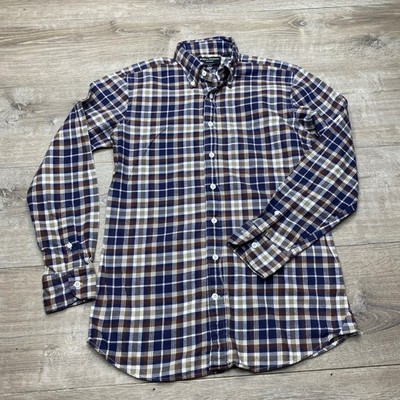Spier & Mackay Shirt Slim Fit Men 34 Blue Brown Plaid Cotton Button Down Long