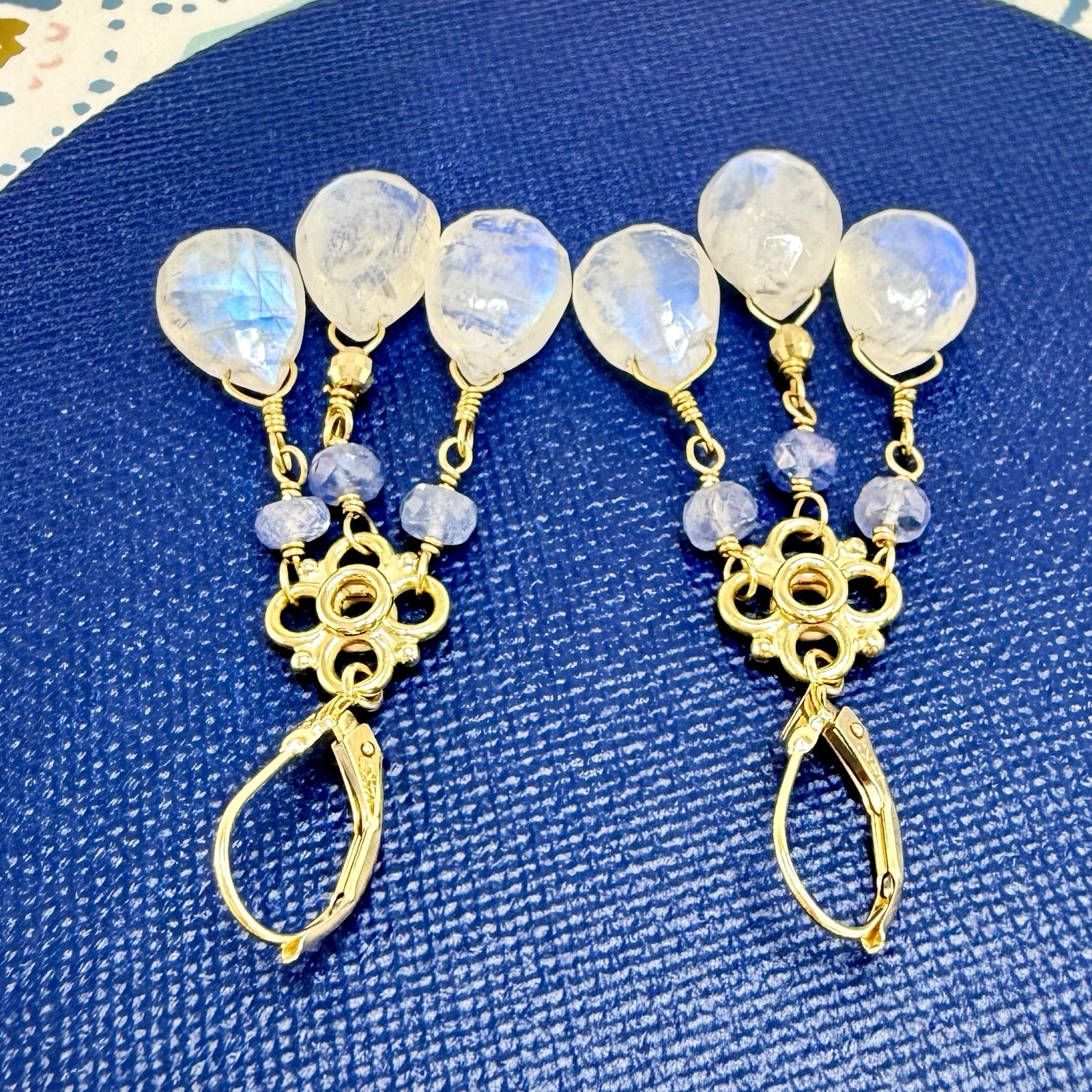 14k Yellow Gold Genuine Rainbow Moonstone and Sapphire Chandelier Earrings, - Picture 7 of 11