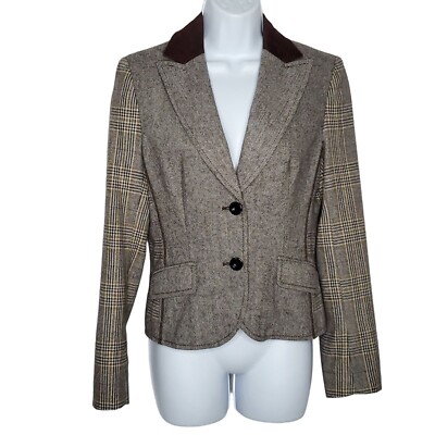 Vtg Y2K Esprit Wool Riding Blazer Coat 4 Single Breasted Plaid Herringbone Brown