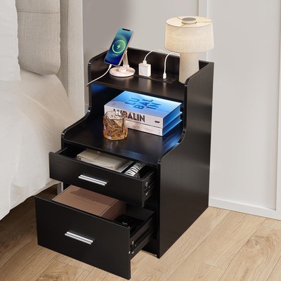 End Side Table LED Nightstands with Charging Station With 2 Drawer Bedside Table