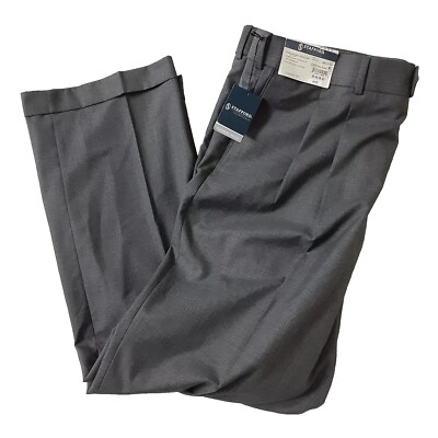 Stafford Essentials Men's Charcoal Plaid Pant Classic Fit 44x32 Pleated Cuff New