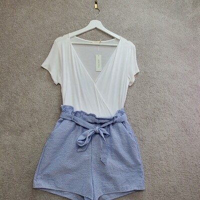 Harper Heritage Francesca's Romper Womens Small Ivory Blue Striped Surplice Neck
