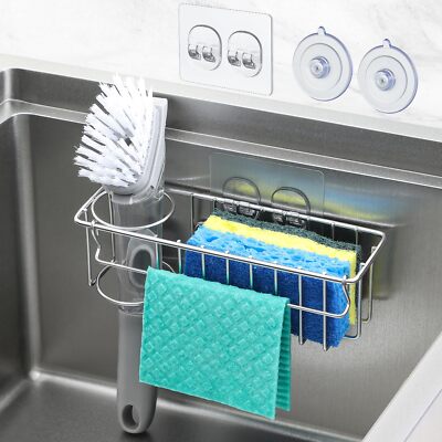 3-In-1 Sponge Holder for Kitchen Sink with Suction Cups & Adhesive Hook  In S