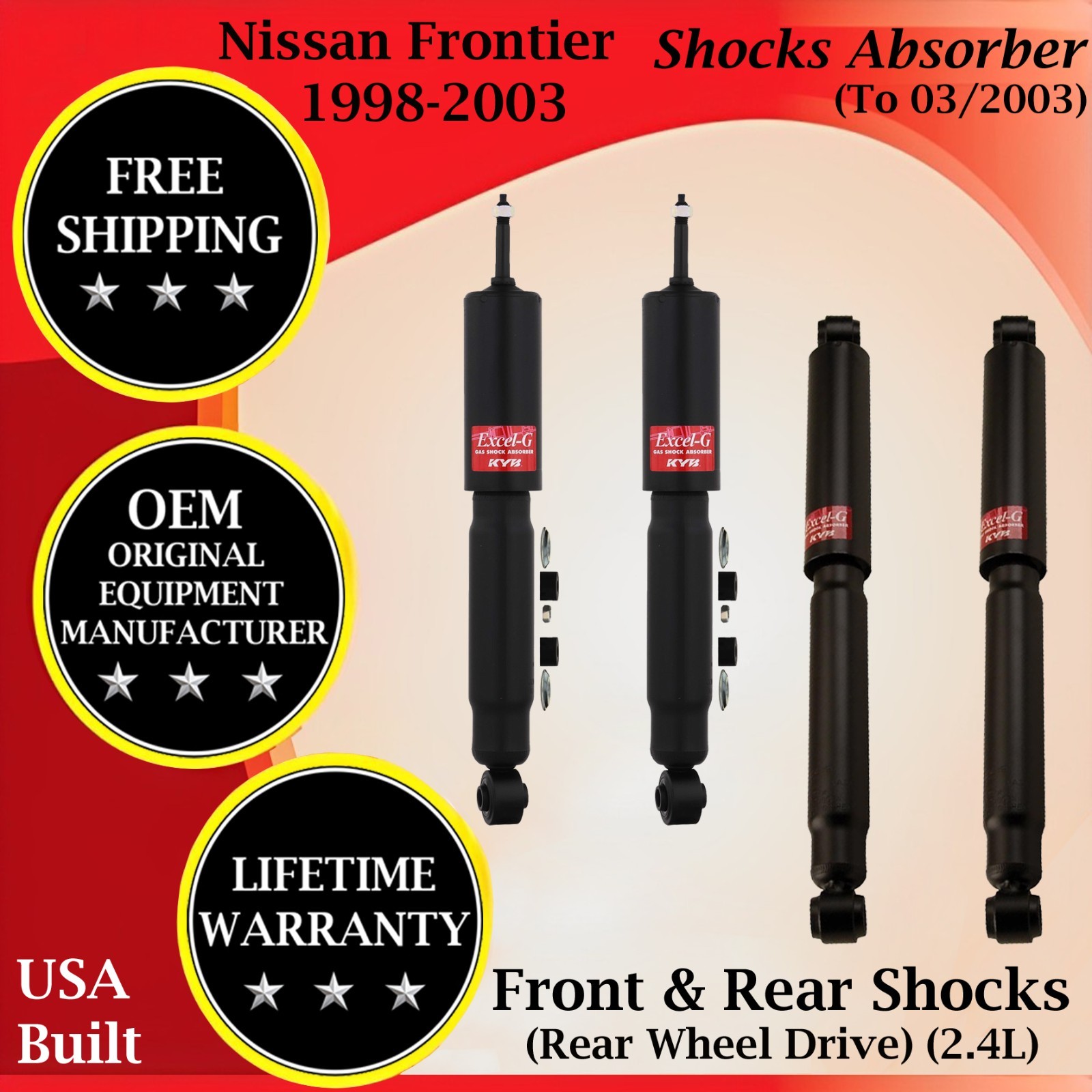 KYB OEM Front & Rear Shocks For 1998-2003 Nissan Frontier Lifetime Warranty