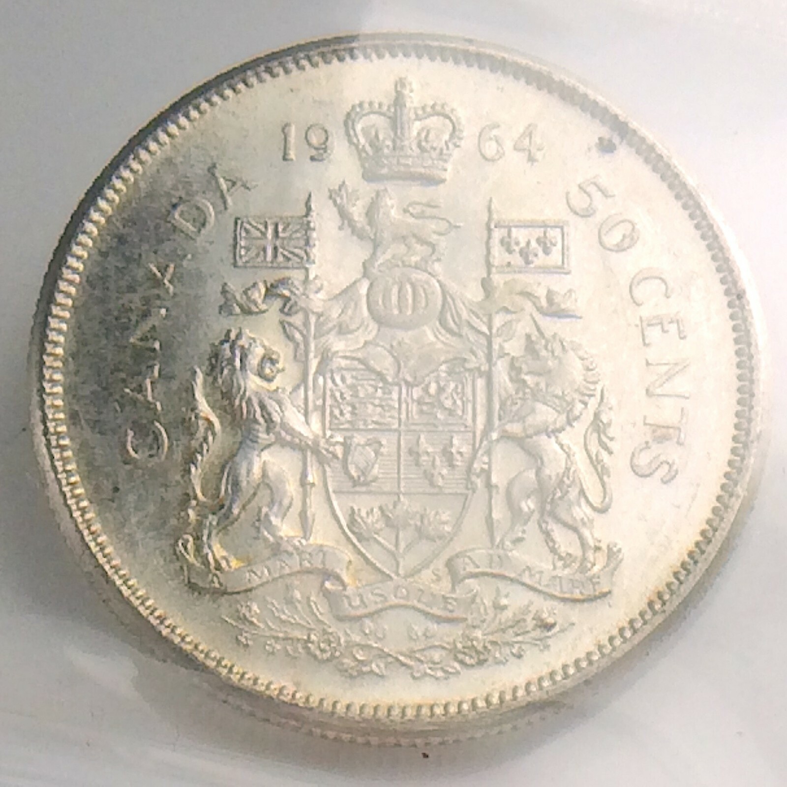 ICCS Graded Mint State 63 Canada 1964 Fifty 50 Cent Cameo Half Dollar Coin I884