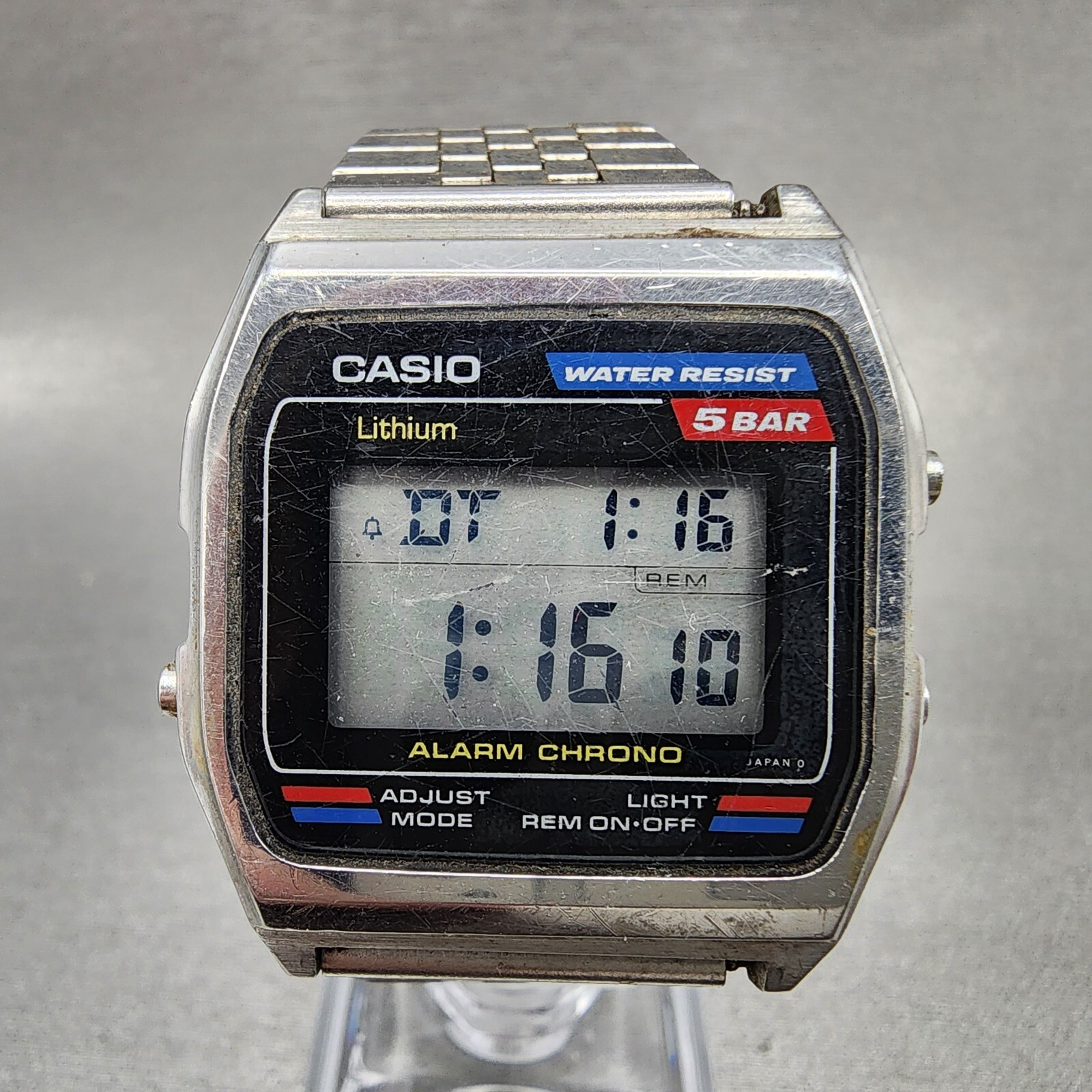 Casio W-38 Watch Men 33mm LCD Silver Tone Alarm Chrono Octagon