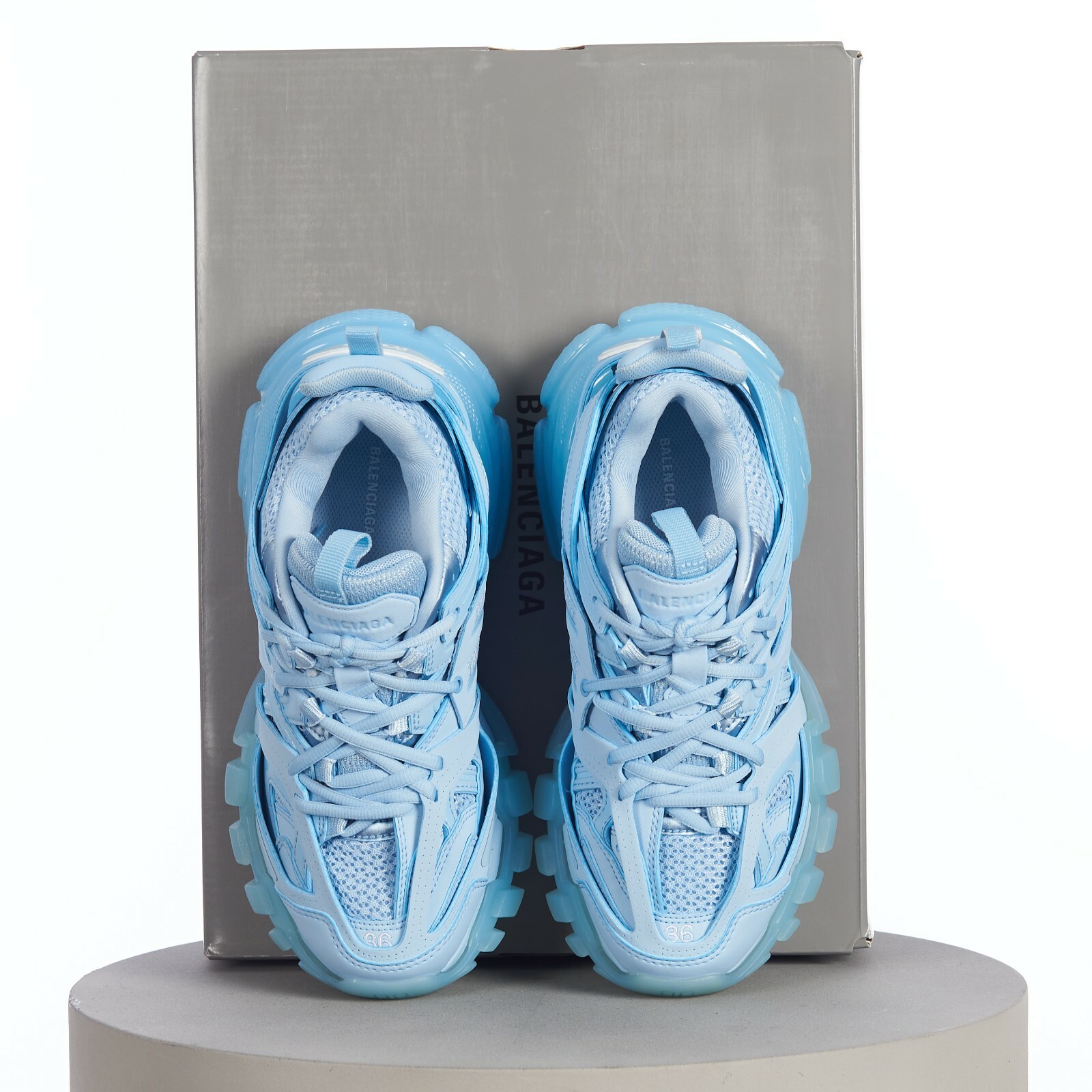 Pre-owned Balenciaga 1050$ Women's Track Clear Sole Sneaker - Light Blue Mesh And Nylon