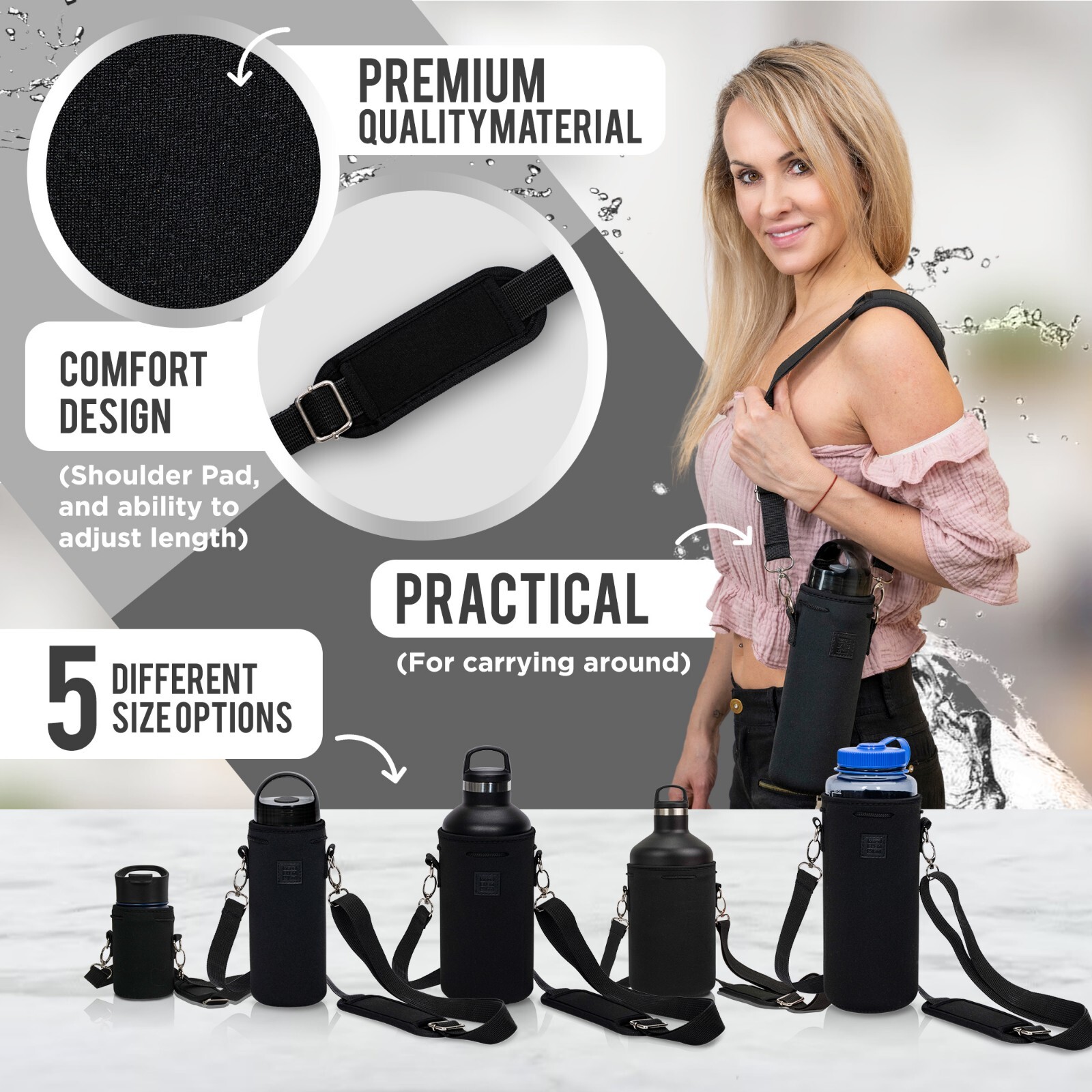Made Easy Kit Neoprene Water Bottle Carrier Holder w/ Adjustable Shoulder Strap