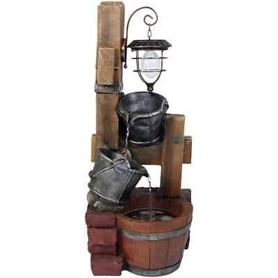 Rustic Pouring Buckets Water Fountain and Solar Lantern - 34 in by Sunnydaze