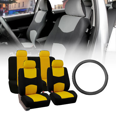 Universal Fit Cloth Cloth Car Seat Covers Solid Bench w/ Leather Steering Wheel