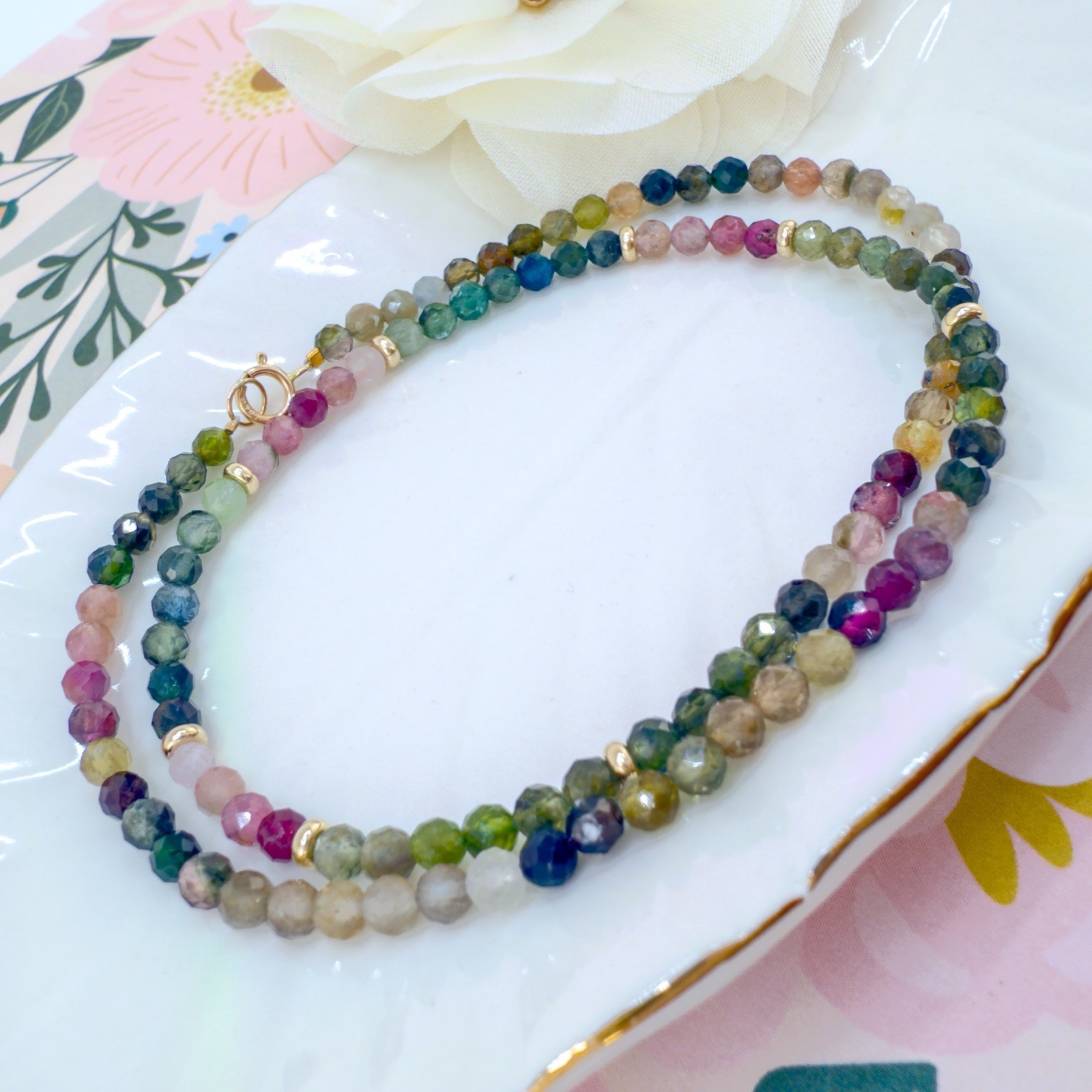 14k Yellow Gold Multicolor Tourmaline Bead Necklace, New 16