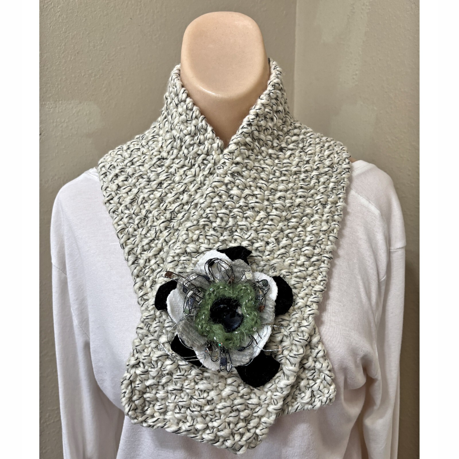 Artesian Embellished Knit Scarf Muffler Handmade Tweed