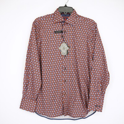 Visconti Black Men's Long Sleeve Shirt S Orange Blue White Striped NWT $125