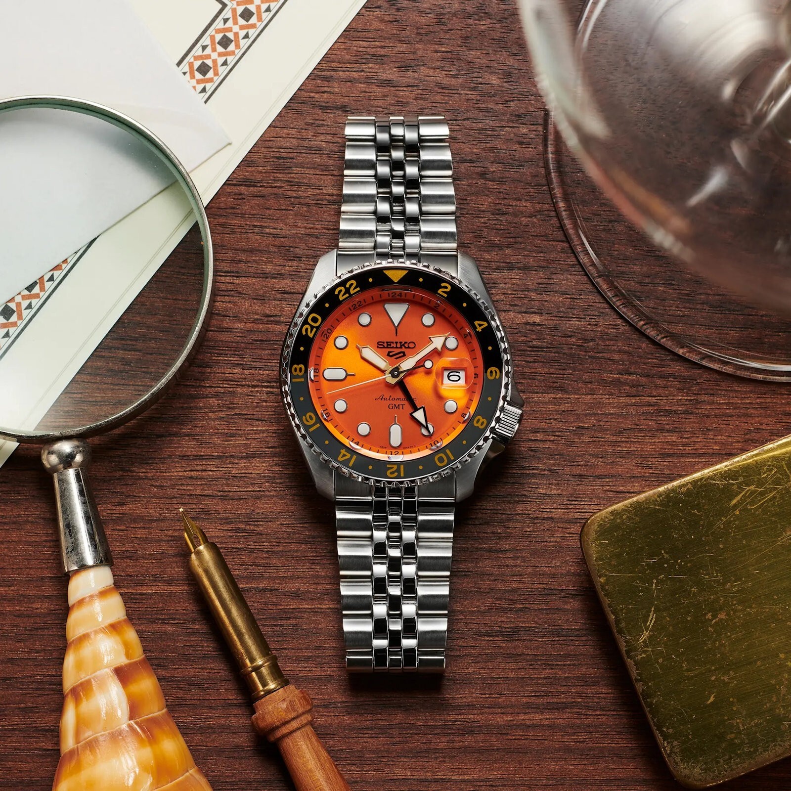 Pre-owned Seiko 5 Sports Stainless Steel 42.5 Mm Gmt Automatic Orange Dial Watch Ssk005k1