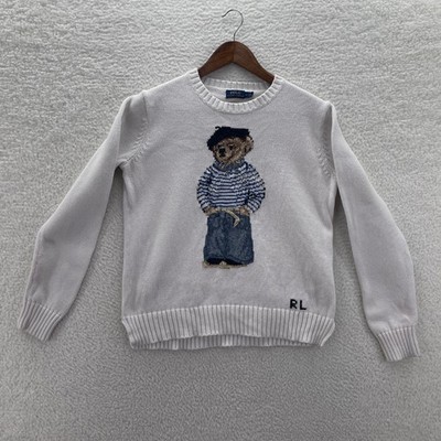 Polo Bear Ralph Lauren Sweater Womens M White Cotton Linen French Beret Artist