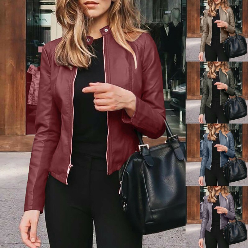 Ladies Casual Zip Up Faux Leather Jacket Biker Blazer Coat Women Outwear Tops