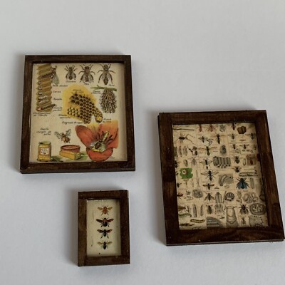 Set Of 3  Bee  Charts Wall Art 1:12 Scale Dollhouse Miniatures Framed Wood