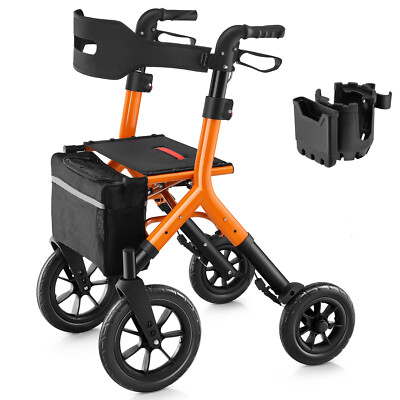 MAXWALK Rollator Walker 12in Rubber Wheels W/ Folding Mesh Backrest Adjust Seat 