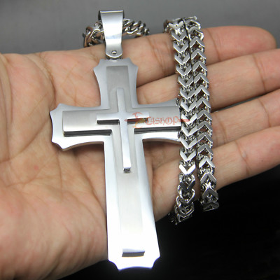 Heavy Solid Silver Stainless Steel Men Cross Necklace Pendant Franco/Rolo Chain