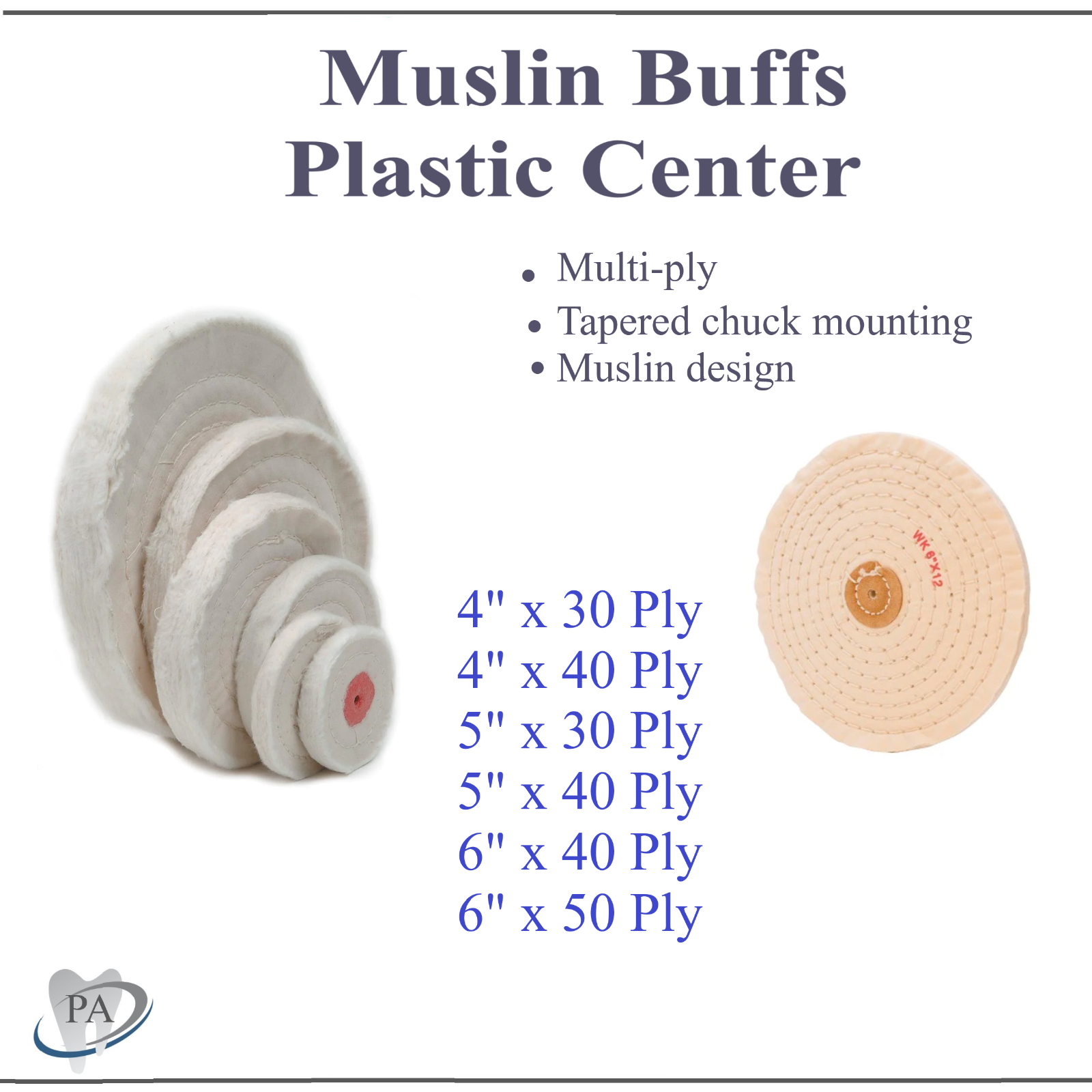 Dental Lab WHITE MUSLIN BUFF POLISHING BUFFING WHEEL 4" x 30 Ply 6" x 40 Ply 5Pk